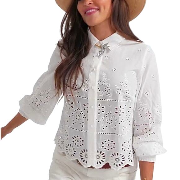 Cabi White Coast Blouse Top Long Sleeve Eyelet Button Front Medium - Picture 1 of 8
